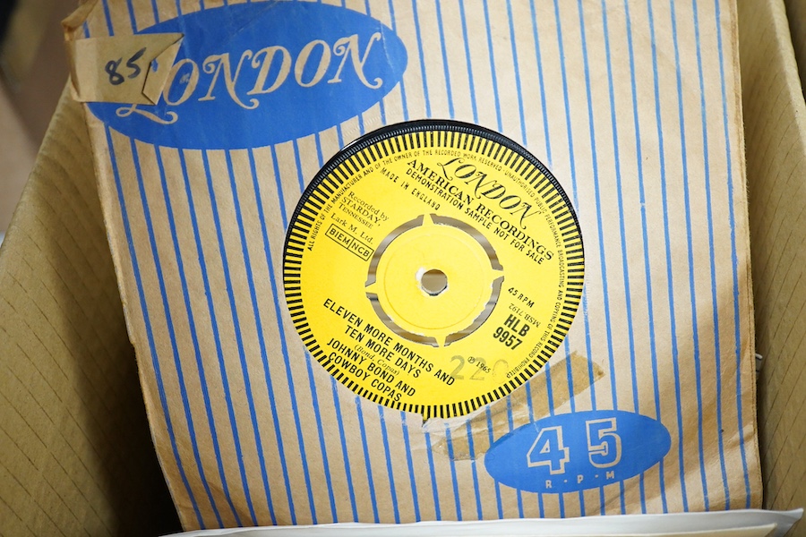 Four boxes of 7 inch singles, all on the London label, artists include; Johnny and the Hurricanes, Fats Domino, Duane Eddy, Paul Evans, Sandy Nelson, Bobby Vee, Ray Peterson, Carole King, Ricky Nelson, the Everly Brother